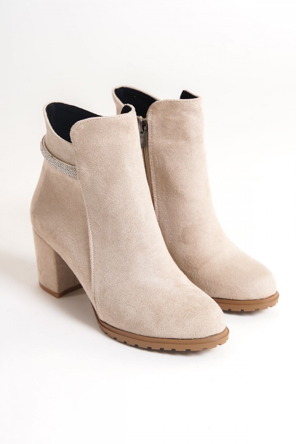 LIA Fermuarlı Ortopedik Taban Taşlı Topuklu Süet Kadın Bot - SKT Krem