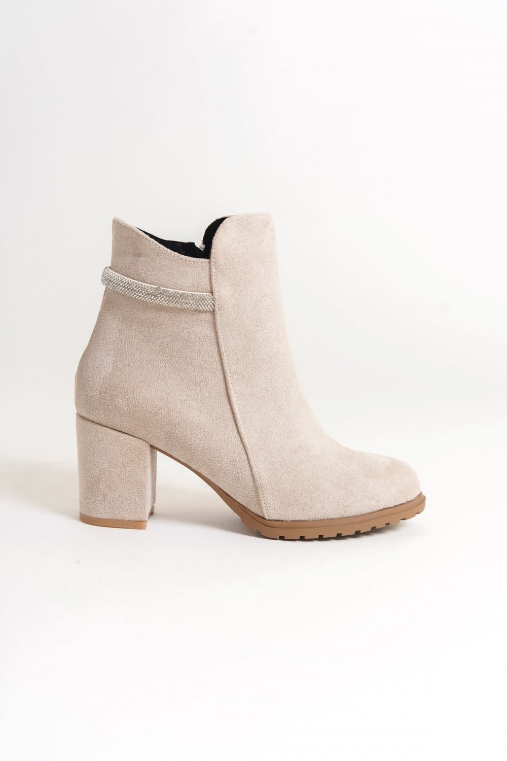 LIA Fermuarlı Ortopedik Taban Taşlı Topuklu Süet Kadın Bot - SKT Krem
