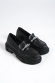 LILA Bağcıksız Ortopedik Taban Taş Detaylı Oxford Loafer Makosen Kadın Klasik Ayakkabı CST - Siyah