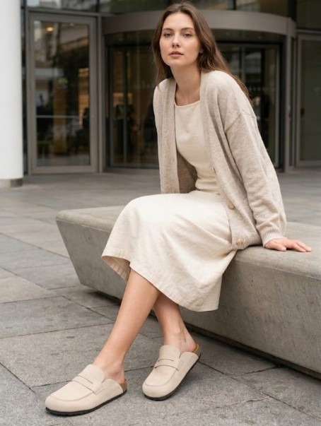 LUVRA Bağcıksız Hakiki Süet Deri Kadın Günlük Mantar Taban Loafer Klasik Ayakkabı HDMT - Krem