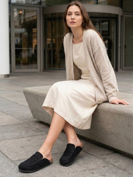 LUVRA Bağcıksız Hakiki Süet Deri Kadın Günlük Mantar Taban Loafer Klasik Ayakkabı HDMT - Siyah