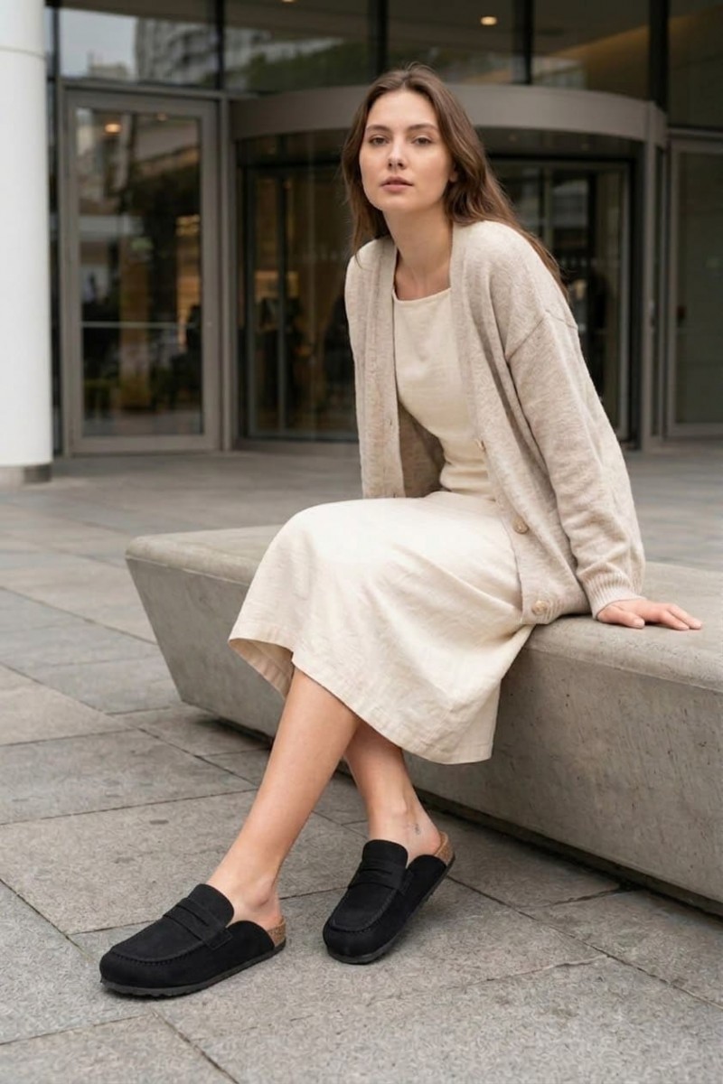 LUVRA Bağcıksız Hakiki Süet Deri Kadın Günlük Mantar Taban Loafer Klasik Ayakkabı HDMT - Siyah