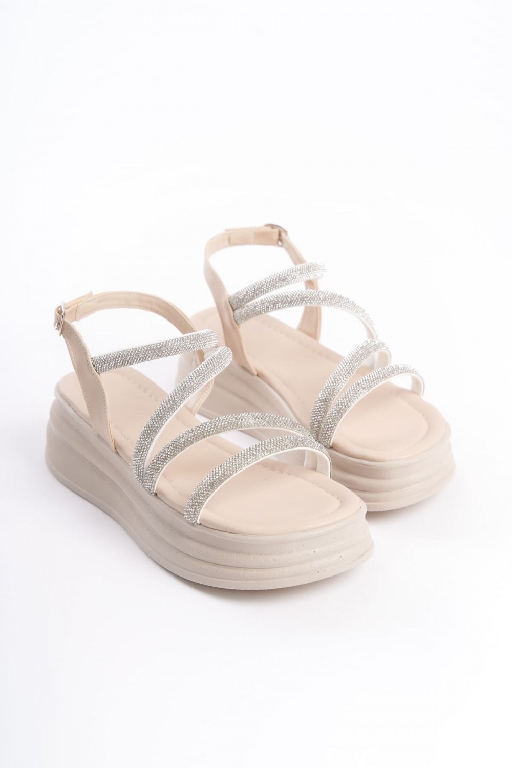 RILEY İnce Tokalı Taşlı Şeritli Ortopedik Taban Kadın Sandalet  CKT - Krem