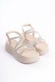RILEY İnce Tokalı Taşlı Şeritli Ortopedik Taban Kadın Sandalet  CKT - Krem