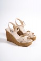 SOFIA Tokalı Lastikli Dolgu Topuklu Ortopedik Taban Hasır Görünümlü Kadın Sandalet CKT - Ten