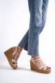 SOFIA Tokalı Lastikli Dolgu Topuklu Ortopedik Taban Hasır Görünümlü Kadın Sandalet CKT - Ten