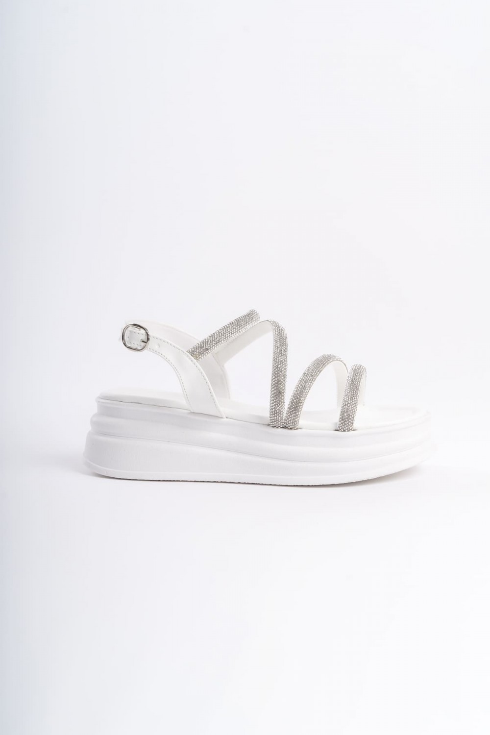 RILEY İnce Tokalı Taşlı Şeritli Ortopedik Taban Kadın Sandalet CBT - Beyaz