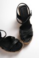 SOFIA Tokalı Lastikli Dolgu Topuklu Ortopedik Taban Hasır Görünümlü Kadın Sandalet CKT - Siyah