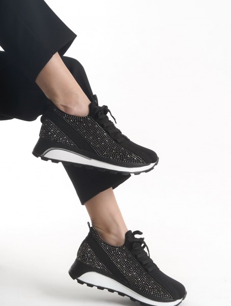 ALYA Bağcıklı Ortopedik Taban Taşlı Kadın Sneaker Spor Ayakkabı CBT - Siyah