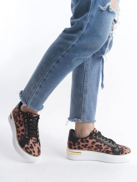 MINA Bağcıklı Ortopedik Taban Leopar Desenli Kadın Sneaker Spor Ayakkabı  TBT - Kahverengi