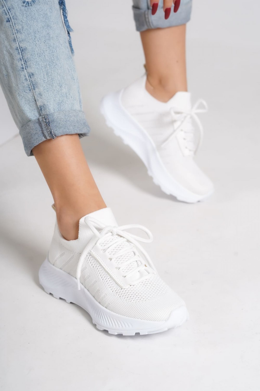ASRIN Bağcıklı Ortopedik Taban Kadın Triko Kadın Spor Ayakkabı TBT - Beyaz