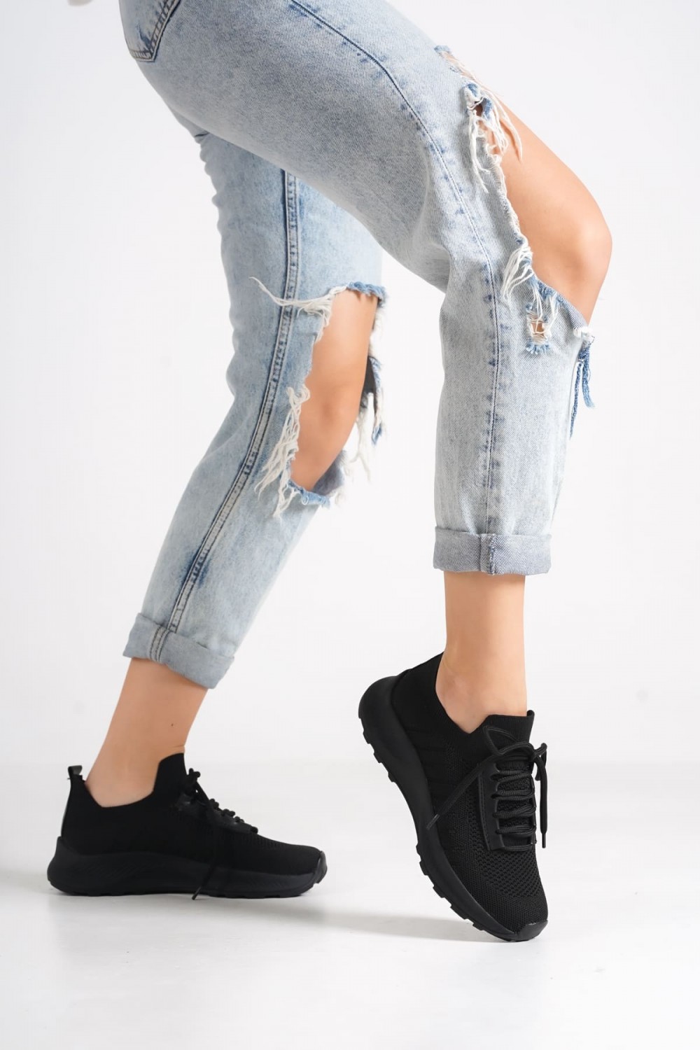 ASRIN Bağcıklı Ortopedik Taban Kadın Triko Kadın Spor Ayakkabı TST - Siyah