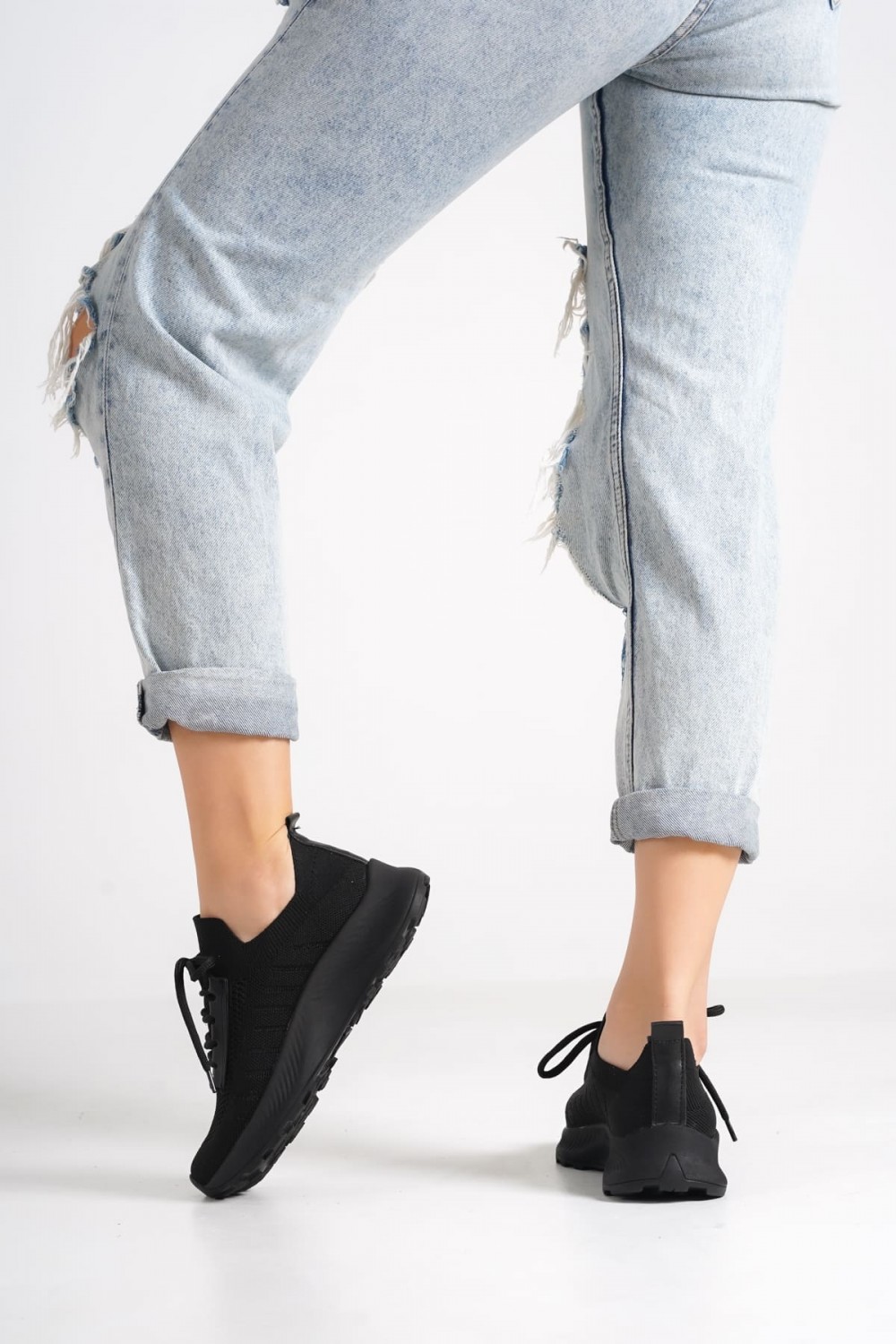 ASRIN Bağcıklı Ortopedik Taban Kadın Triko Kadın Spor Ayakkabı TST - Siyah