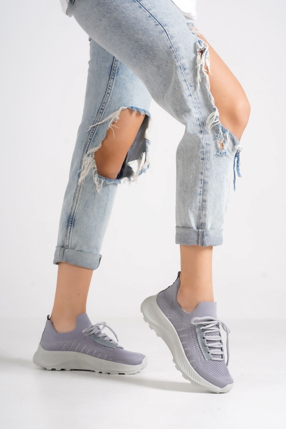 ASRIN Bağcıklı Ortopedik Taban Kadın Triko Kadın Spor Ayakkabı TGT - Gri