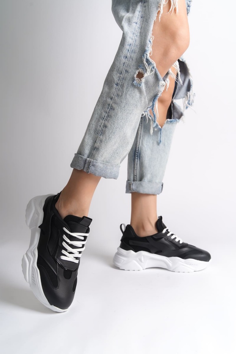 TOKYO Bağcıklı Ortopedik Taban Triko Detaylı Kadın Spor Ayakkabı  TBT - Siyah