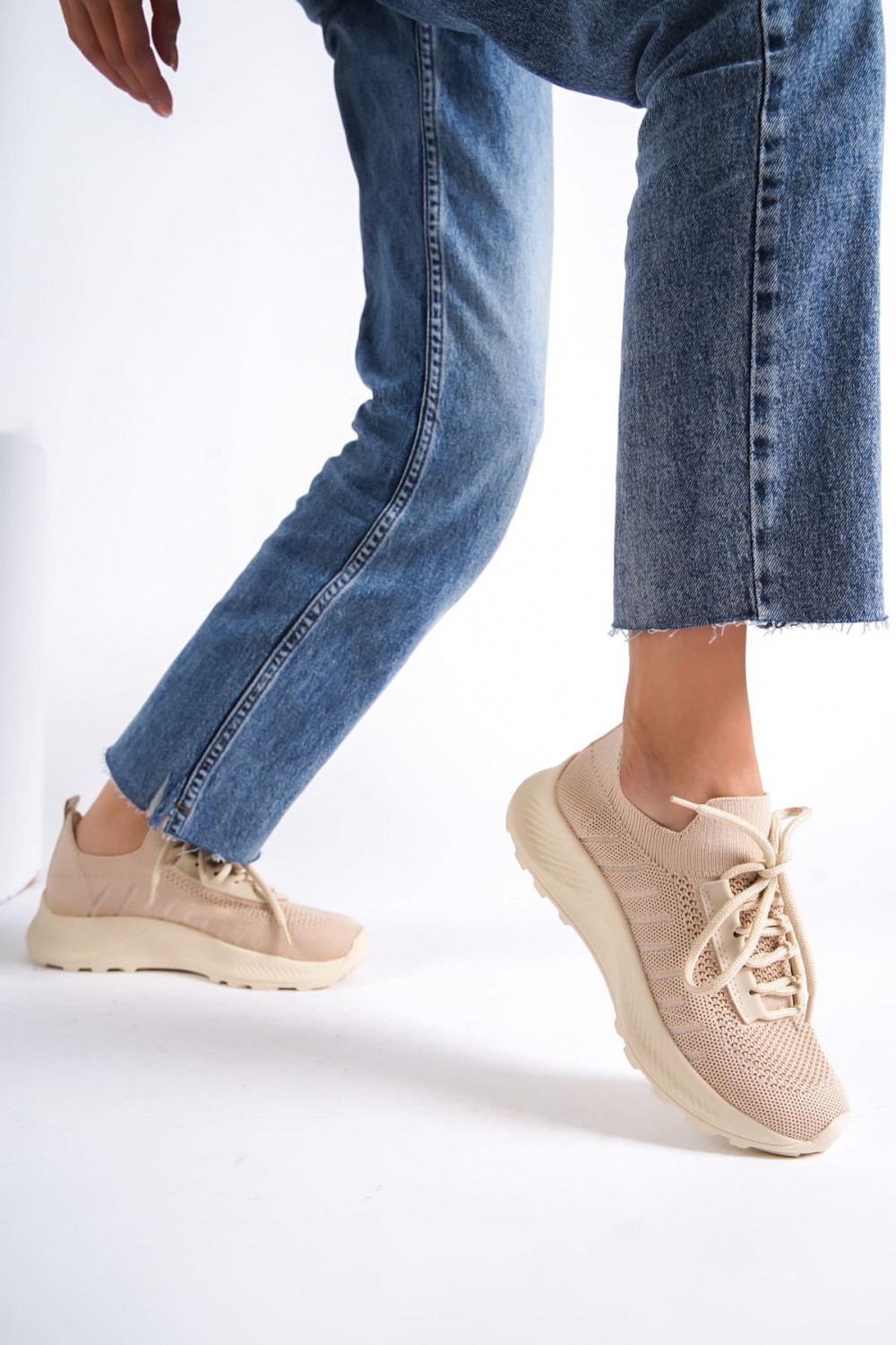 ASRIN Bağcıklı Ortopedik Taban Kadın Triko Kadın Spor Ayakkabı TKT - Krem