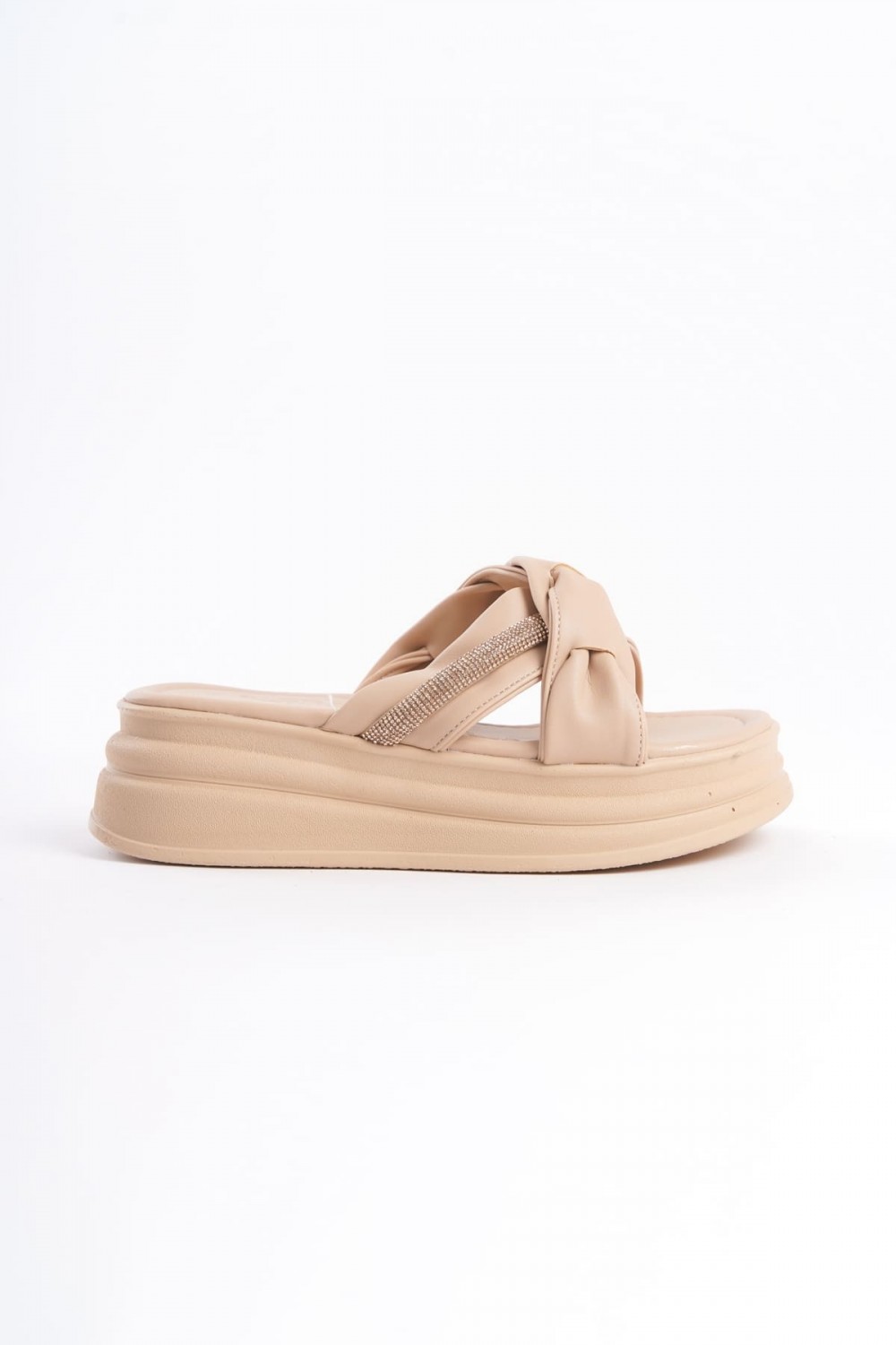 CLARA Düz Topuklu Kurdele Desenli Taşlı Kalın ve Ortopedik Taban Kadın Terlik  CTT - Ten