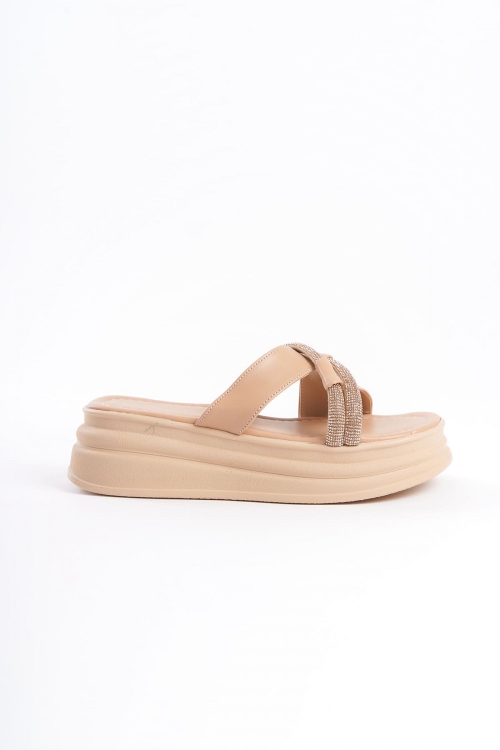 RUBY Düz Topuklu Taşlı Çapraz Şeritli Kalın ve Ortopedik Taban Kadın Terlik  CTT - Ten