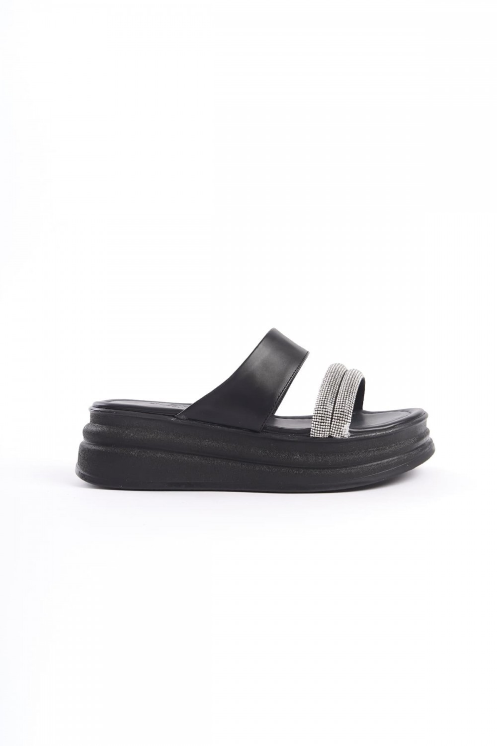 SARAH Düz Topuklu Taşlı Şeritli Kalın ve Ortopedik Taban Kadın Terlik CST - Siyah