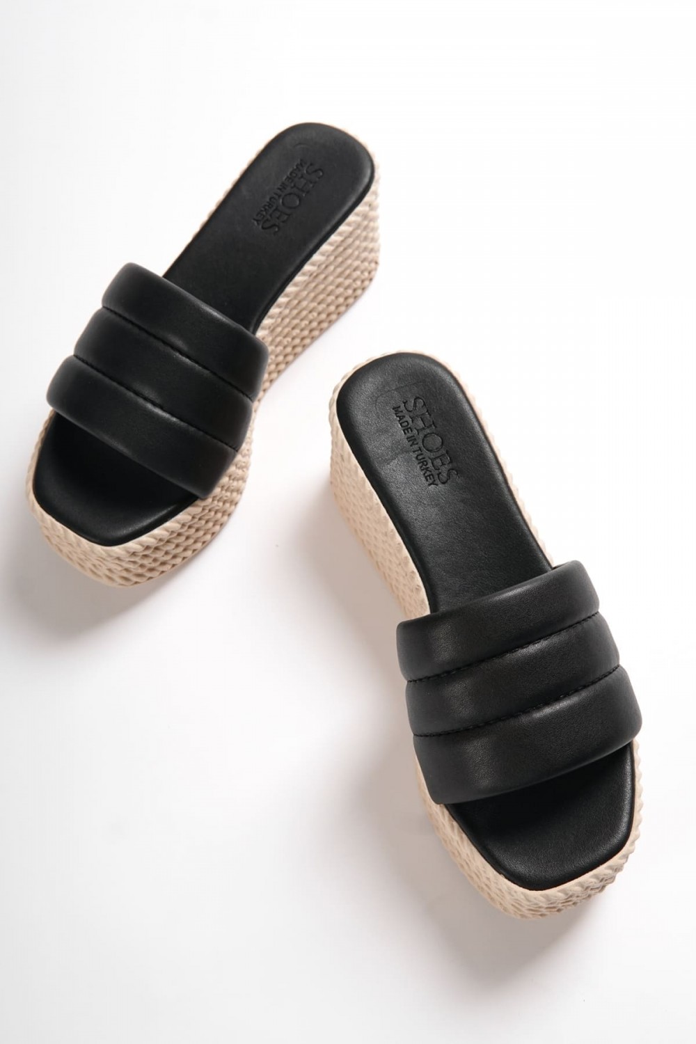 REINA Dolgu Topuklu Ortopedik Taban Hasır Görünümlü Kadın Terlik CKT - Siyah