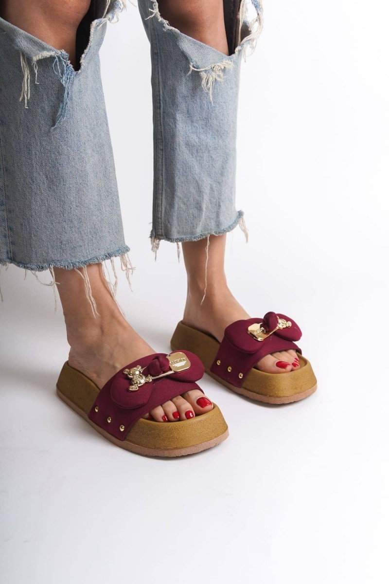 DILA Kalın ve Ortopedik Taban Ayıcıklı Saten Kadın Terlik  SKT - Bordo