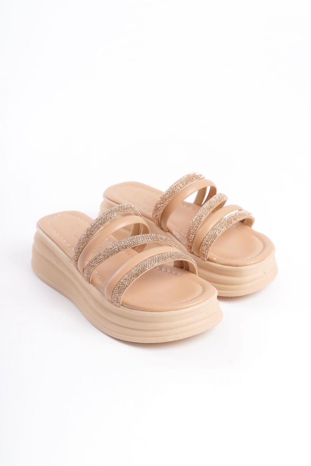 ELISE Düz Topuklu Şeritli Taşlı Kalın ve Ortopedik Taban Kadın Terlik  CTT - Ten