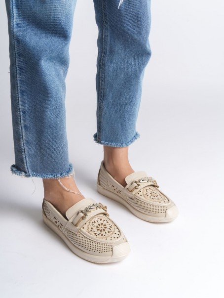 LILY Bağcıksız Ortopedik Rahat Taban Çiçek Desenli Kadın Babet Ayakkabı CKT - Krem