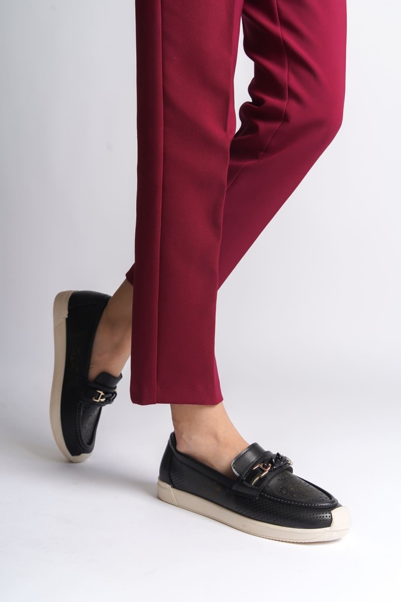 LIZY Bağcıksız Ortopedik Rahat Taban Çiçek Desenli Kadın Babet Ayakkabı  CKT - Siyah