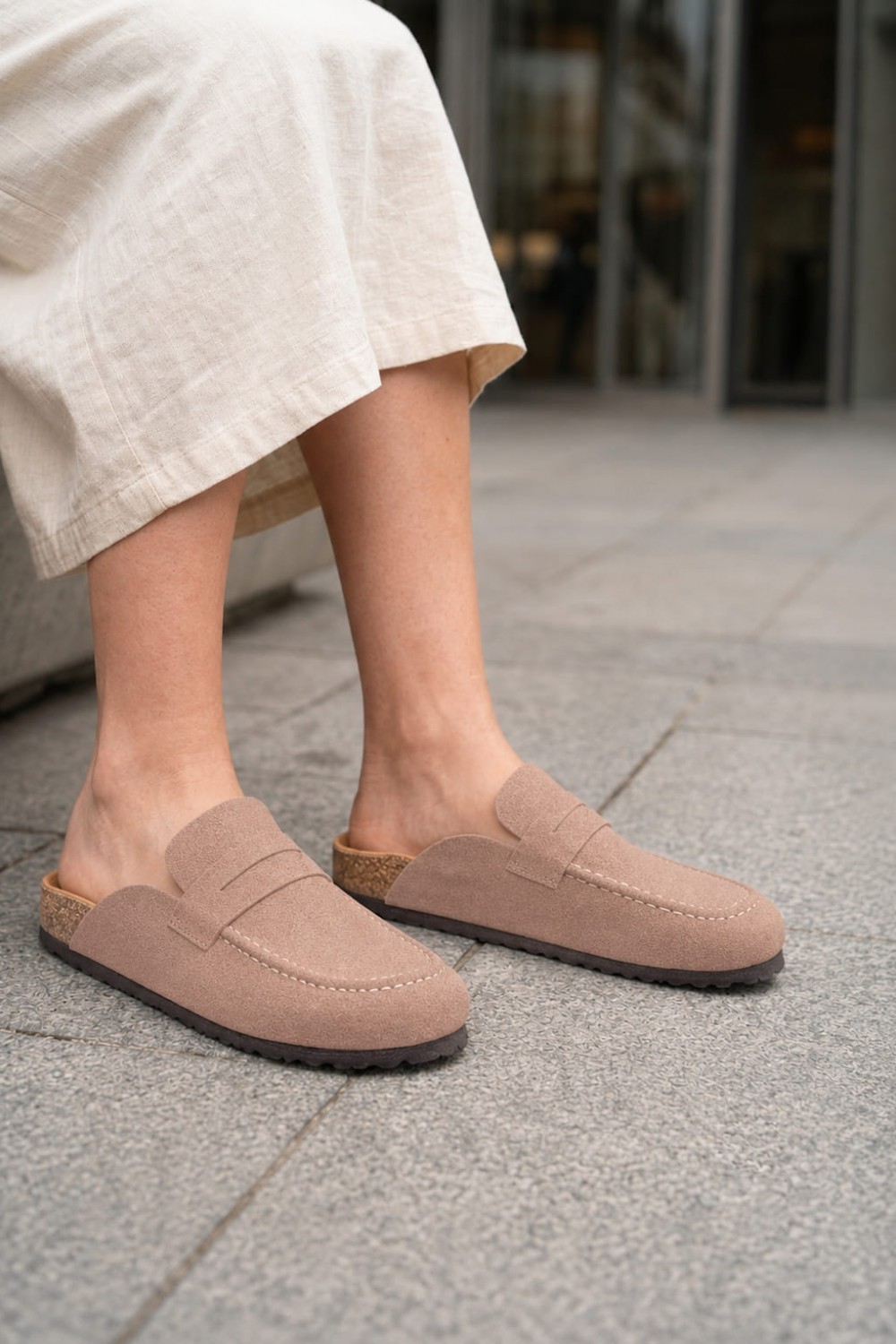 LUVRA Bağcıksız Hakiki Süet Deri Kadın Günlük Mantar Taban Loafer Klasik Ayakkabı HDMT - Bej LUVRA Bağcıksız Hakiki Süet Deri Kadın Günlük Mantar Taban Loafer Klasik Ayakkabı HDMT - Bej