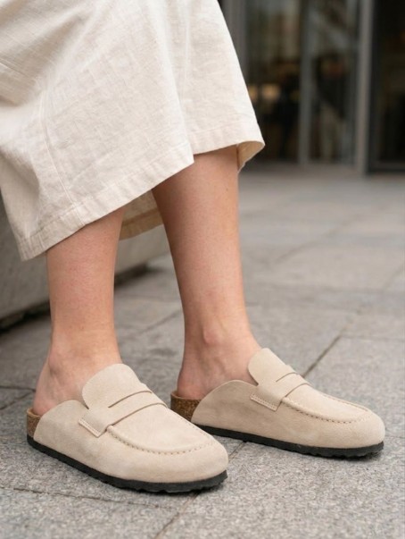 LUVRA Bağcıksız Hakiki Süet Deri Kadın Günlük Mantar Taban Loafer Klasik Ayakkabı HDMT - Krem