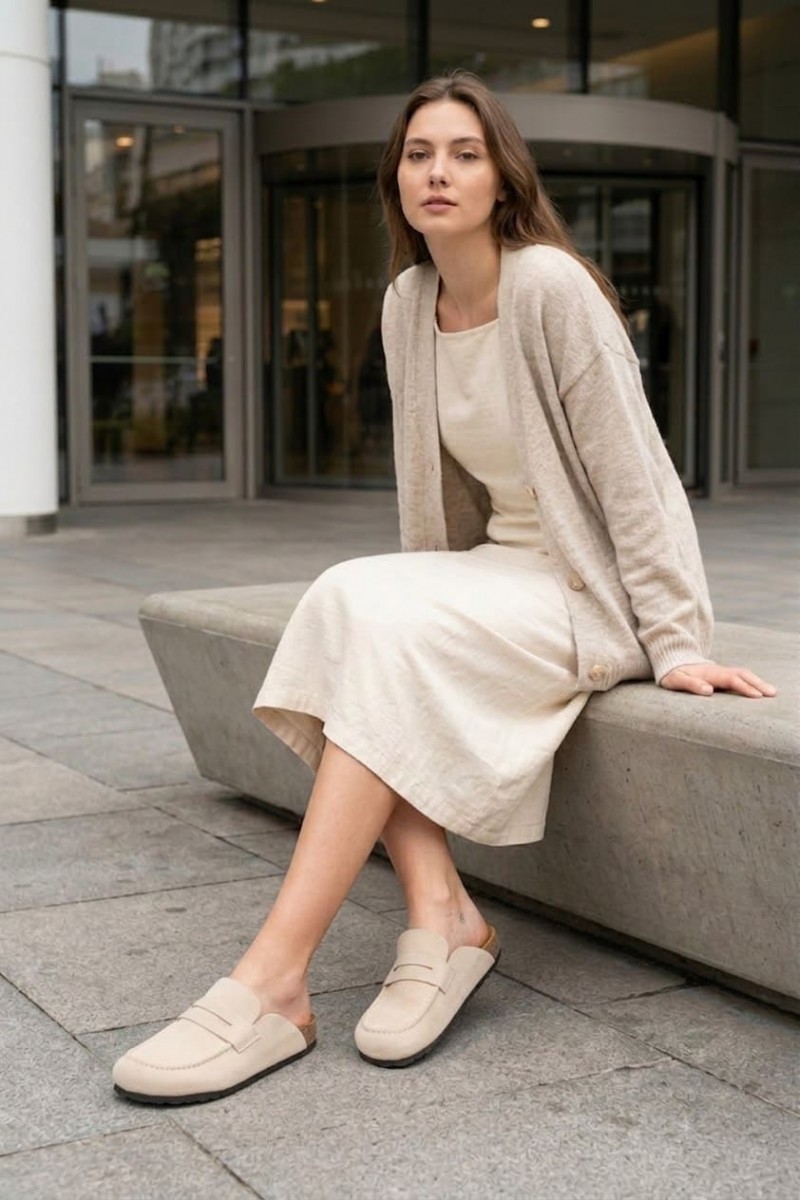 LUVRA Bağcıksız Hakiki Süet Deri Kadın Günlük Mantar Taban Loafer Klasik Ayakkabı HDMT - Krem