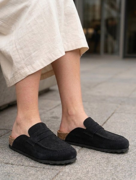 LUVRA Bağcıksız Hakiki Süet Deri Kadın Günlük Mantar Taban Loafer Klasik Ayakkabı HDMT - Siyah