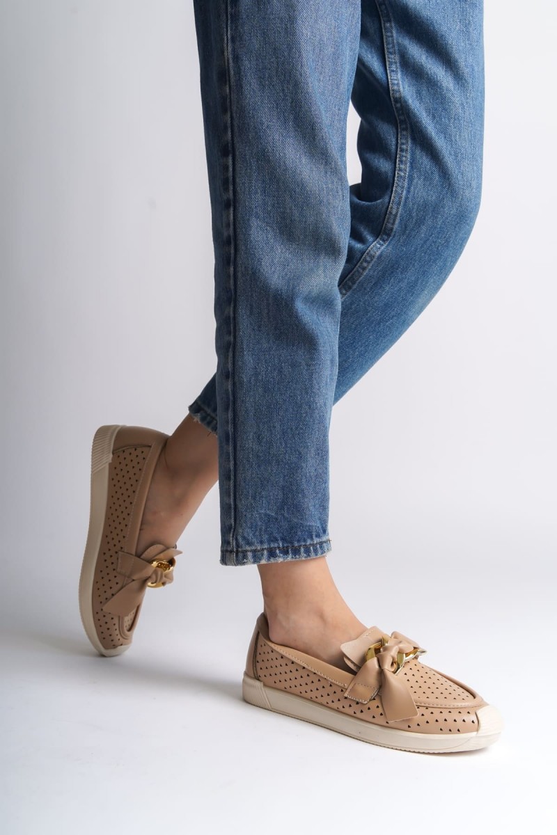 LYDIA Bağcıksız Ortopedik Rahat Taban Kalp Desenli Kadın Babet Ayakkabı CKT - Ten