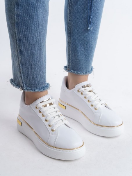 MINA Bağcıklı Ortopedik Taban Kadın Sneaker Spor Ayakkabı  CBT - Beyaz/Altın