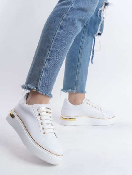 MINA Bağcıklı Ortopedik Taban Kadın Sneaker Spor Ayakkabı  CBT - Beyaz/Altın