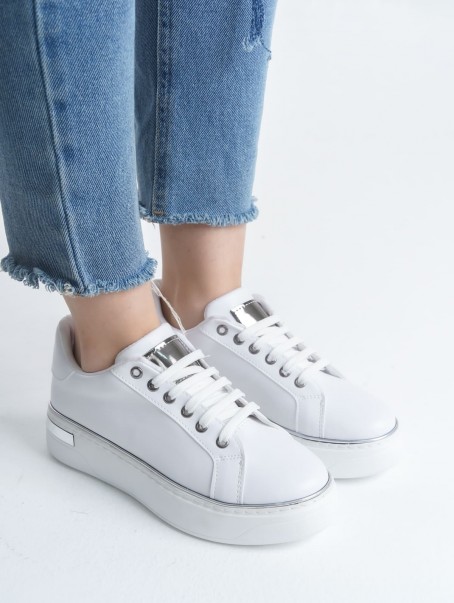 MINA Bağcıklı Ortopedik Taban Kadın Sneaker Spor Ayakkabı  CBT - Beyaz/Gümüş