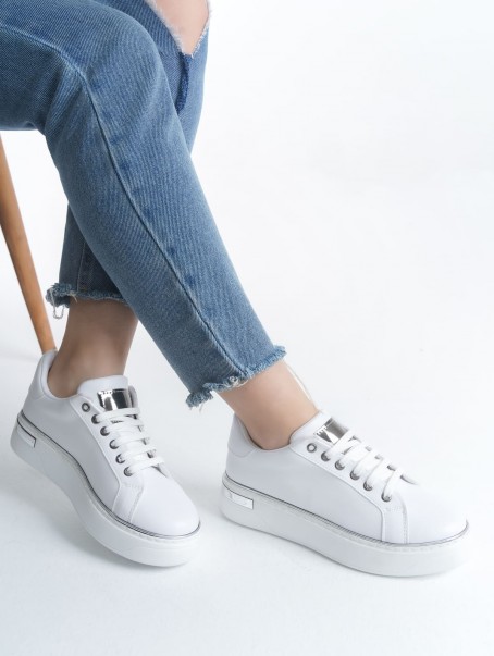 MINA Bağcıklı Ortopedik Taban Kadın Sneaker Spor Ayakkabı  CBT - Beyaz/Gümüş