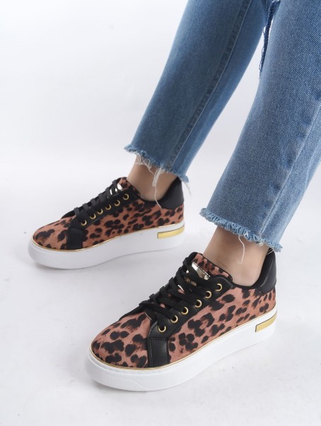 MINA Bağcıklı Ortopedik Taban Leopar Desenli Kadın Sneaker Spor Ayakkabı  TBT - Kahverengi