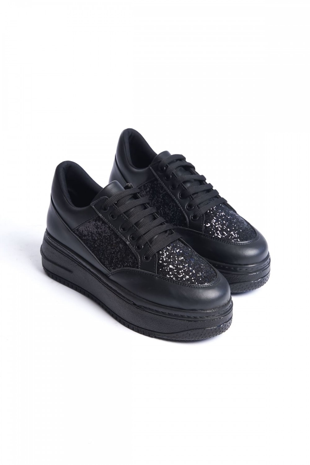 MIPA Bağcıklı Ortopedik Taban Simli Kadın Sneaker Spor Ayakkabı CST - Siyah MIPA Bağcıklı Ortopedik Taban Simli Kadın Sneaker Spor Ayakkabı CST - Siyah