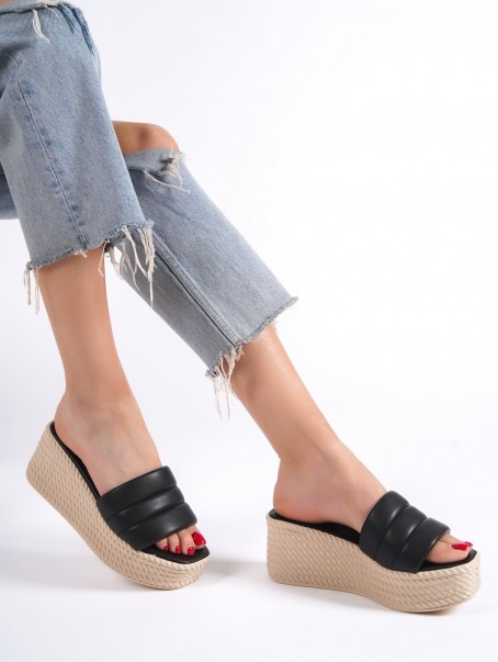 REINA Dolgu Topuklu Ortopedik Taban Hasır Görünümlü Kadın Terlik CKT - Siyah