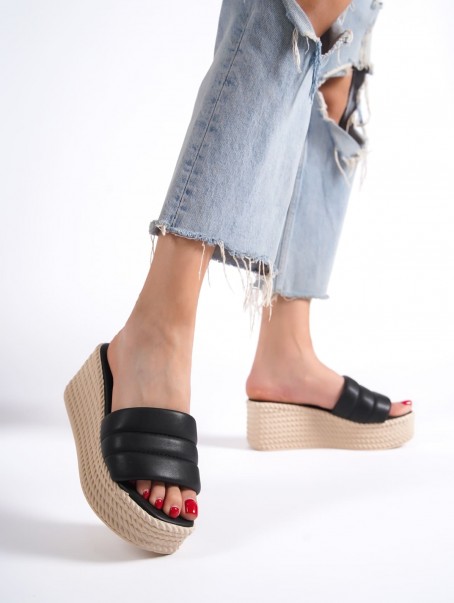 REINA Dolgu Topuklu Ortopedik Taban Hasır Görünümlü Kadın Terlik CKT - Siyah