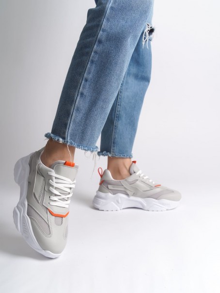 TOKYO Bağcıklı Ortopedik Taban Triko Detaylı Kadın Spor Ayakkabı  TBT - Gri/Turuncu