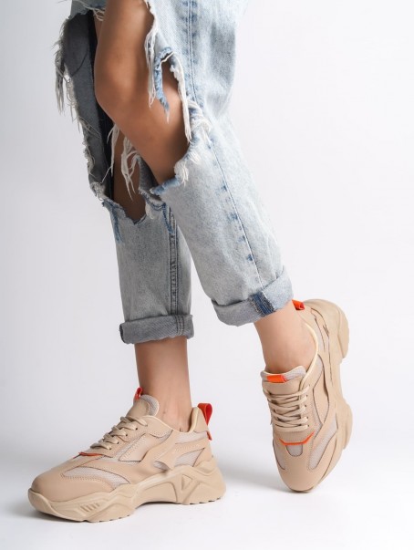 TOKYO Bağcıklı Ortopedik Taban Triko Detaylı Kadın Spor Ayakkabı  TTT - Ten/Turuncu