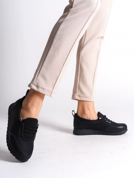 VIOLET Bağcıklı Lastikli Ortopedik Rahat Taban Cilt Detaylı Klasik Kadın Babet Anne Ayakkabısı CST - Siyah