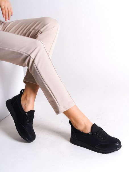 VIOLET Bağcıklı Lastikli Ortopedik Rahat Taban Cilt Detaylı Klasik Kadın Babet Anne Ayakkabısı CST - Siyah