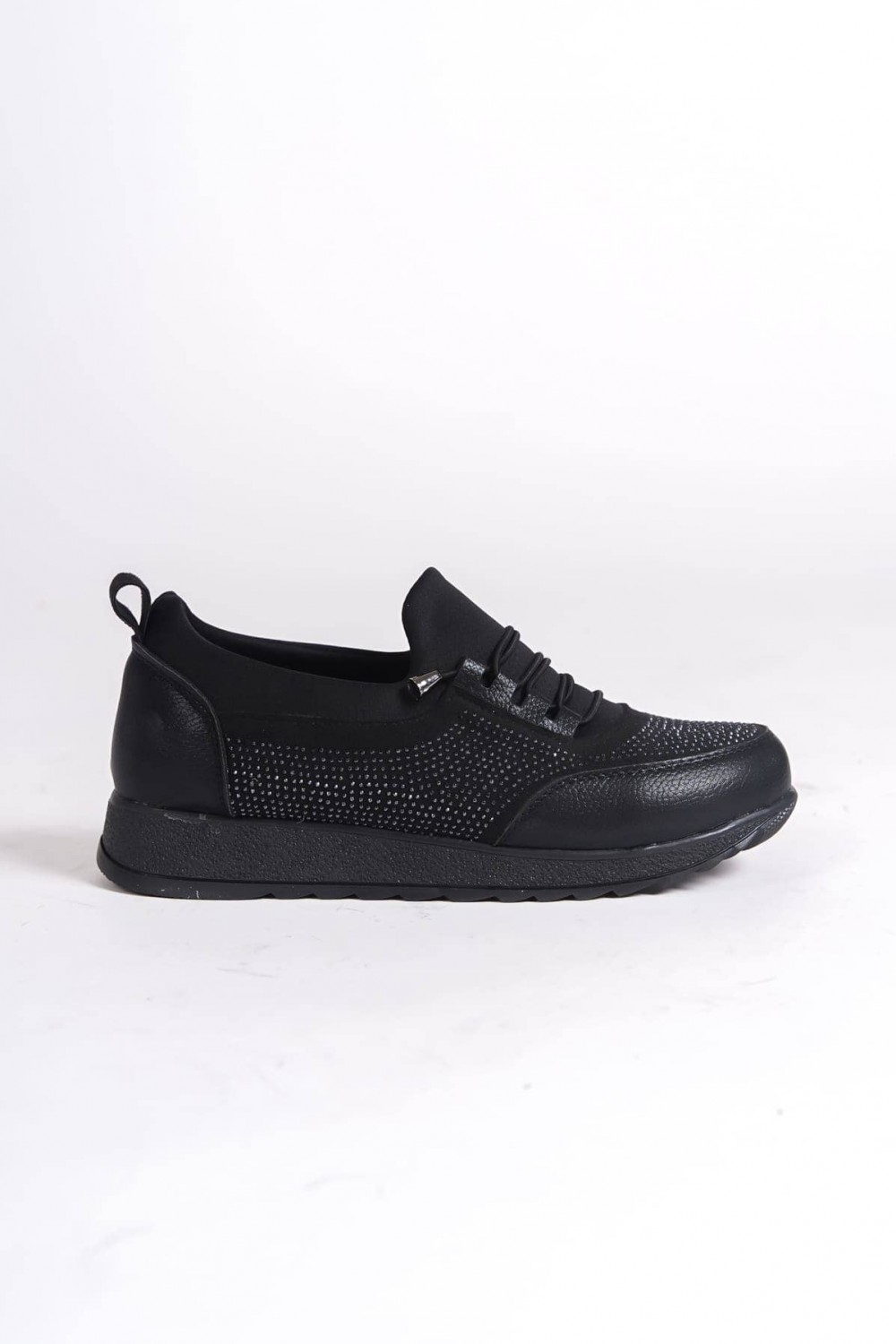 VIOLET Bağcıklı Lastikli Ortopedik Rahat Taban Taş Detaylı Klasik Kadın Babet Anne Ayakkabısı  CST - Siyah - XML Bayilik ve Dropshipping