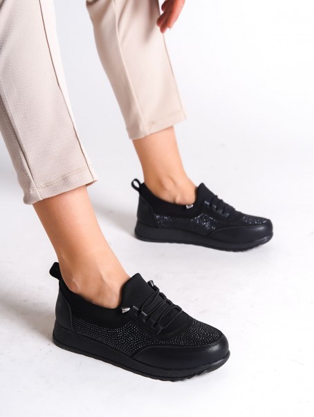 VIOLET Bağcıklı Lastikli Ortopedik Rahat Taban Taş Detaylı Klasik Kadın Babet Anne Ayakkabısı  CST - Siyah