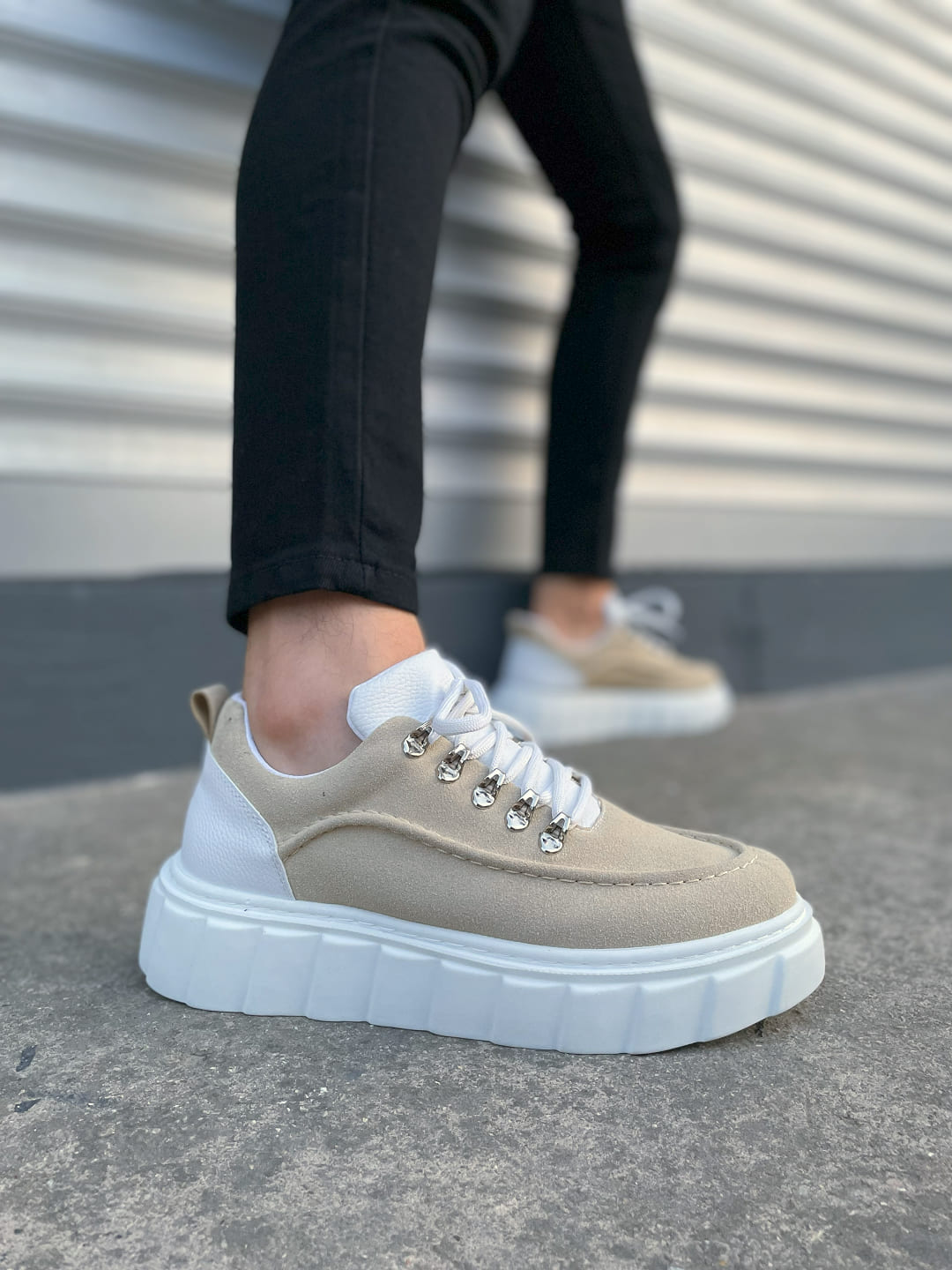 JY010 Cloud Bağcıklı Süet Erkek Günlük Sneaker Ayakkabı SBT - Krem/Beyaz - 44