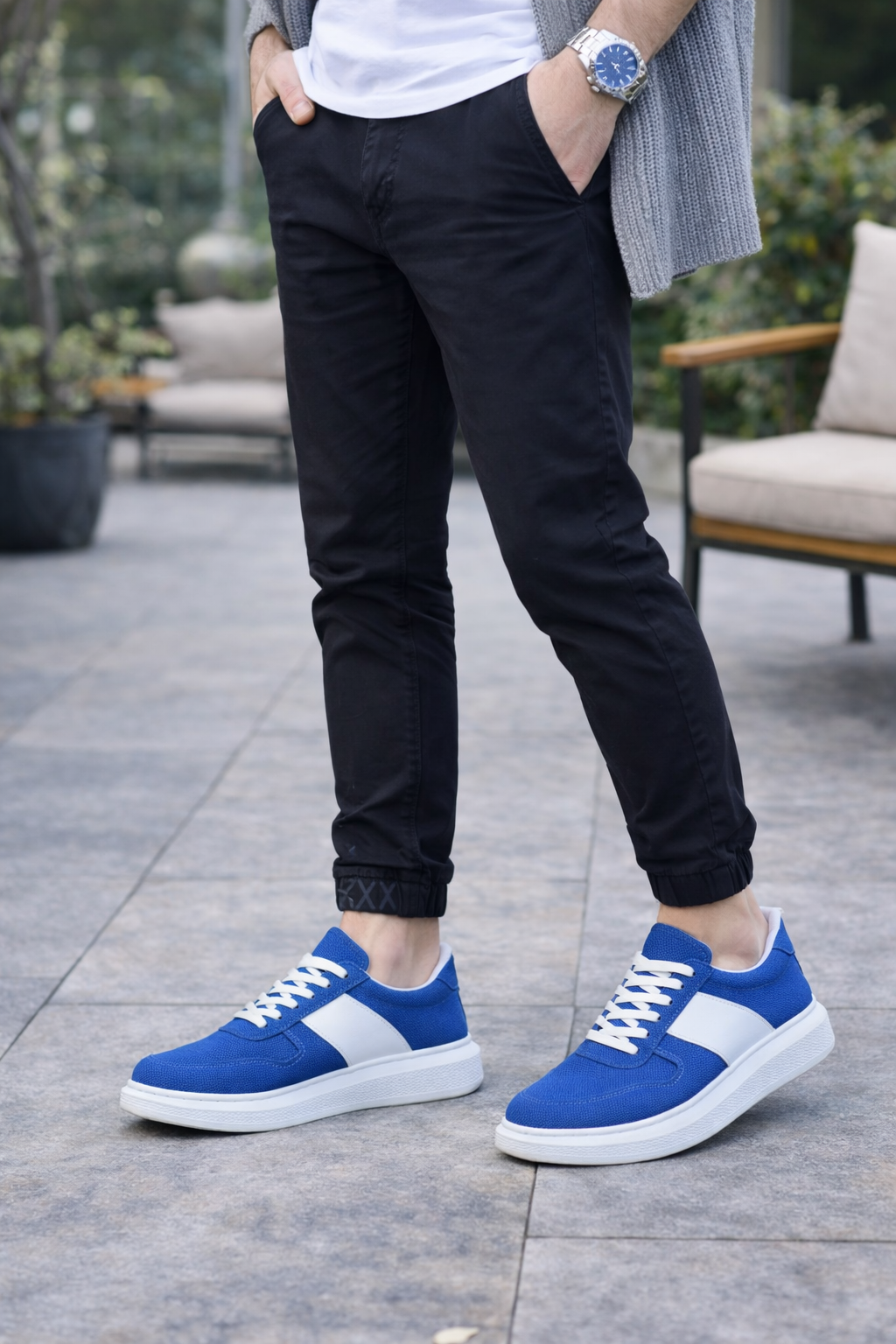 Joy Man JY011 Line Erkek Günlük Bağcıklı Süet Sneaker Ayakkabı Mavi Beyaz