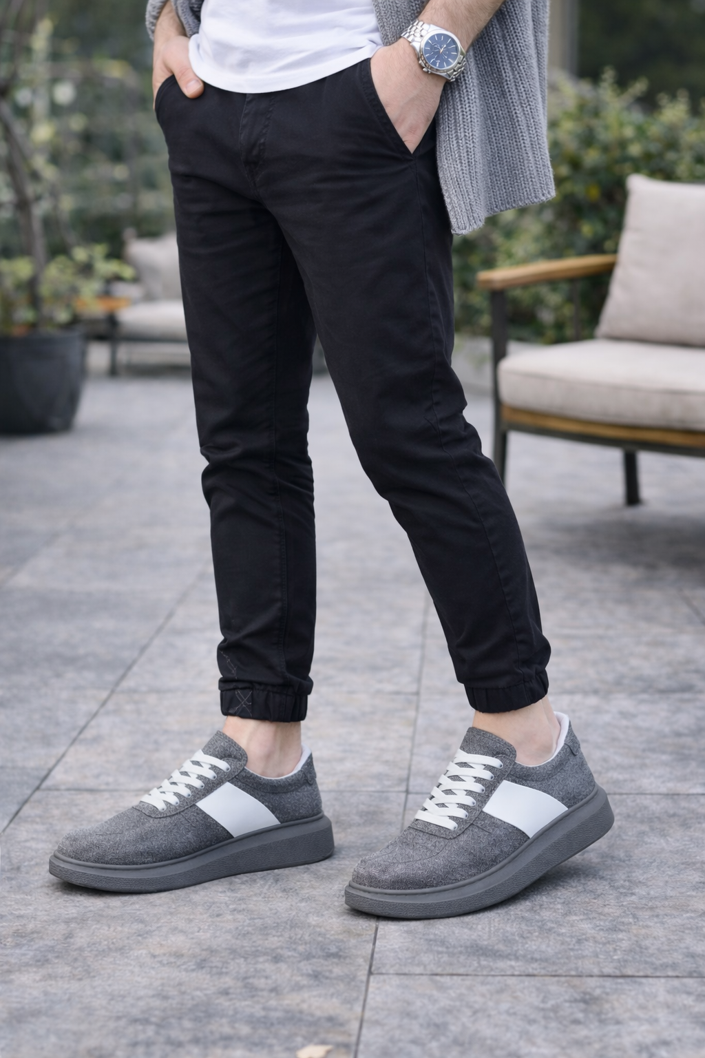JY011 Line Erkek Günlük Bağcıklı Süet Spor Sneaker Ayakkabı Gri Beyaz